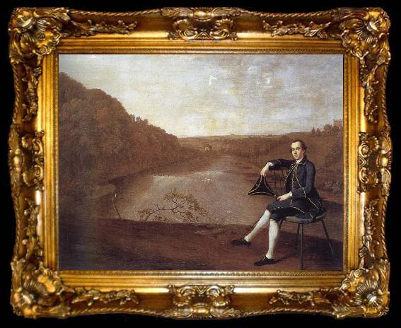 framed  Arthur Devis Philip Howard Seated before a panorama of the river Eden at Corby Castle, ta009-2